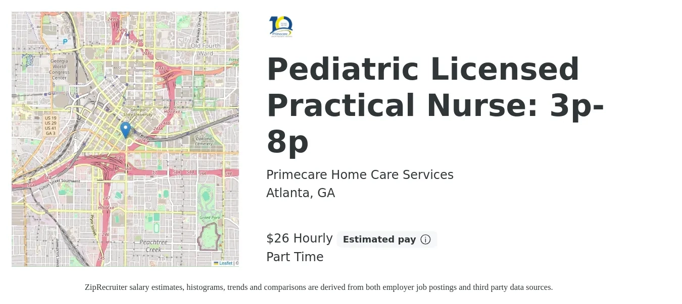 Primecare Home Care Services job posting for a Pediatric Licensed Practical Nurse: 3p-8p in Atlanta, GA with a salary of $28 Hourly with a map of Atlanta location.