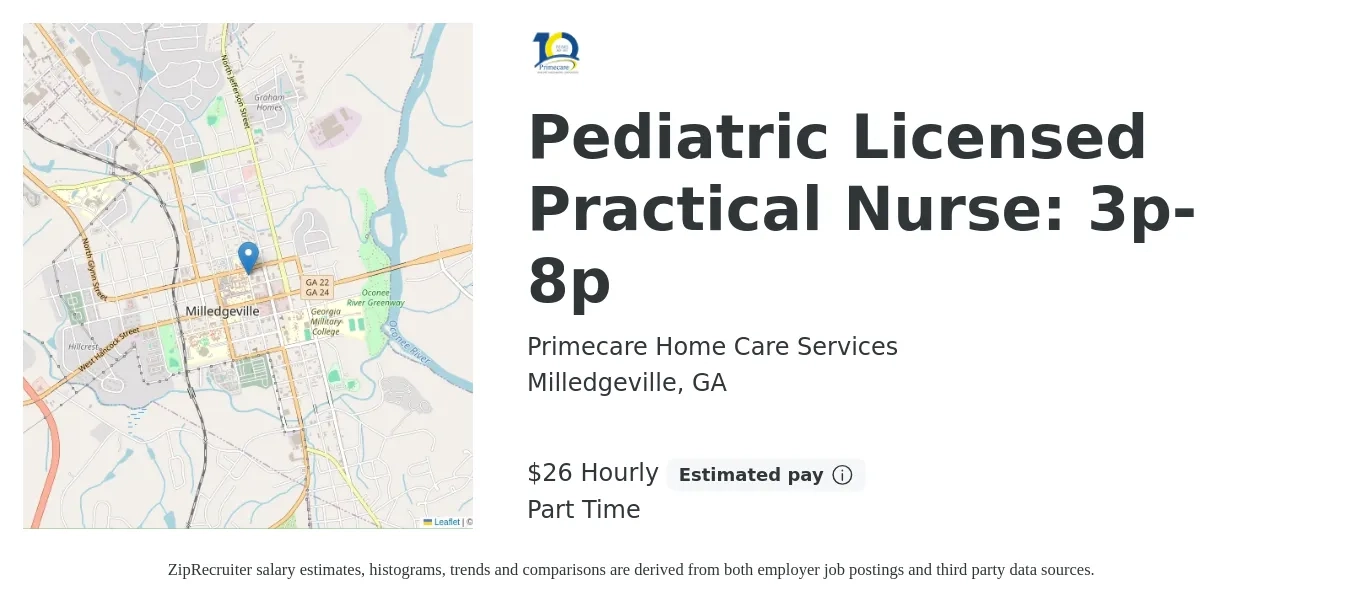 Primecare Home Care Services job posting for a Pediatric Licensed Practical Nurse: 3p-8p in Milledgeville, GA with a salary of $28 Hourly with a map of Milledgeville location.