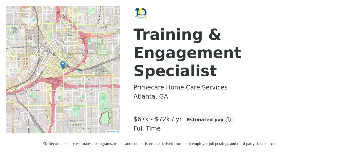 Primecare Home Care Services job posting for a Training & Engagement Specialist in Atlanta, GA with a salary of $67,000 to $72,000 Yearly with a map of Atlanta location.