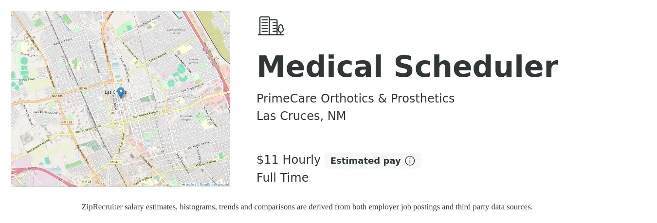 PrimeCare Orthotics & Prosthetics job posting for a Medical Scheduler in Las Cruces, NM with a salary of $12 Hourly with a map of Las Cruces location.