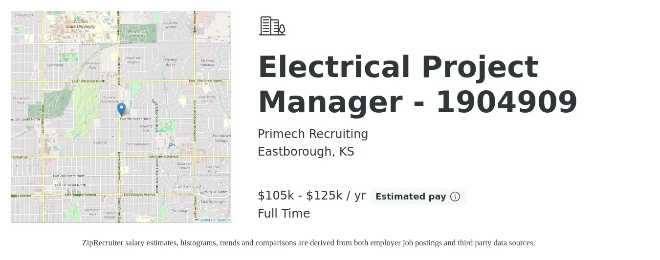 Primech Recruiting job posting for a Electrical Project Manager - 1904909 in Eastborough, KS with a salary of $105,000 to $125,000 Yearly with a map of Eastborough location.