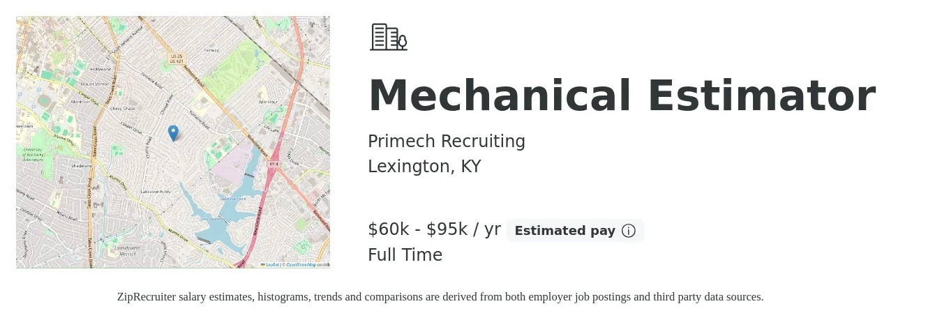 Primech Recruiting job posting for a Mechanical Estimator in Lexington, KY with a salary of $60,000 to $95,000 Yearly with a map of Lexington location.