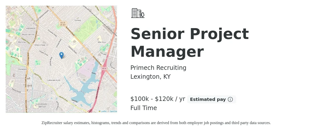 Primech Recruiting job posting for a Senior Project Manager in Lexington, KY with a salary of $100,000 to $120,000 Yearly with a map of Lexington location.