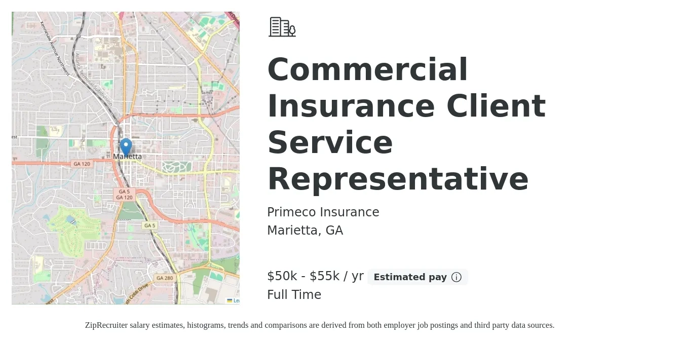 Primeco Insurance job posting for a Commercial Insurance Client Service Representative in Marietta, GA with a salary of $50,000 to $55,000 Yearly with a map of Marietta location.