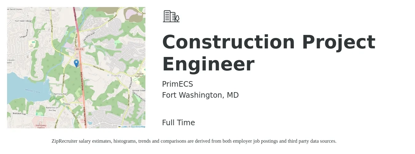PrimECS job posting for a Construction Project Engineer in Fort Washington, MD with a salary of $68,800 to $88,200 Yearly with a map of Fort Washington location.