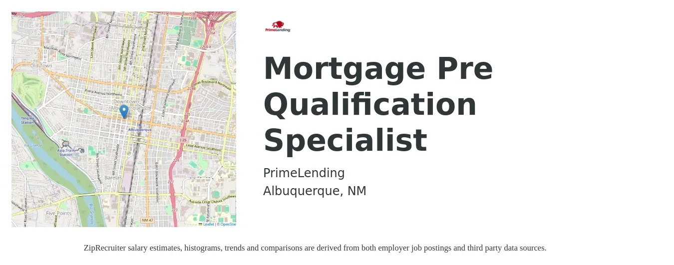PrimeLending job posting for a Mortgage Pre Qualification Specialist in Albuquerque, NM with a salary of $36,000 to $40,000 Monthly with a map of Albuquerque location.