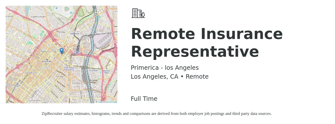 Primerica - los Angeles job posting for a Remote Insurance Representative in Los Angeles, CA with a salary of $42,900 to $59,100 Yearly with a map of Los Angeles location.