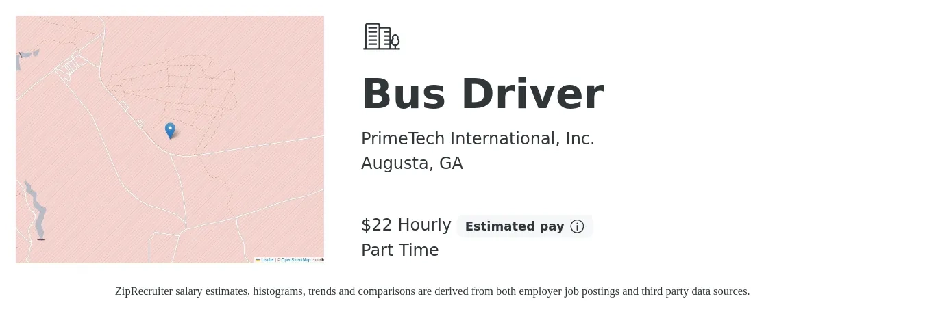 PrimeTech International, Inc. job posting for a Bus Driver in Augusta, GA with a salary of $24 Hourly with a map of Augusta location.