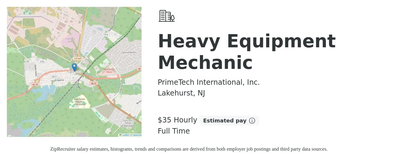 PrimeTech International, Inc. job posting for a Heavy Equipment Mechanic in Lakehurst, NJ with a salary of $37 Hourly with a map of Lakehurst location.