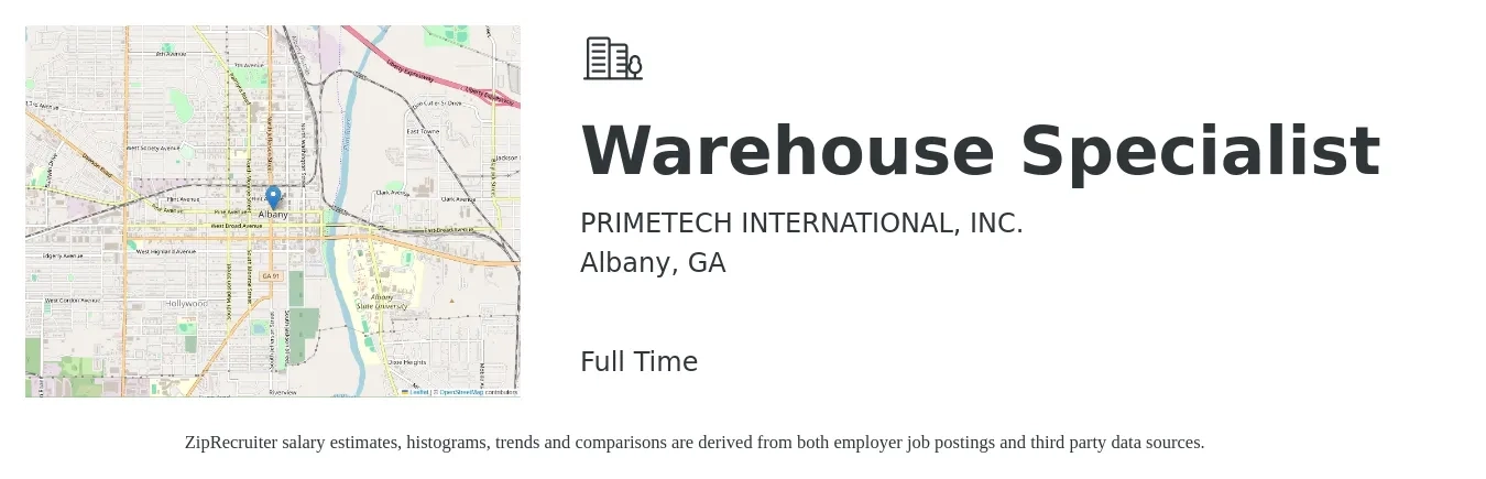 PrimeTech International, Inc. job posting for a Warehouse Specialist in Albany, GA with a salary of $17 Hourly with a map of Albany location.