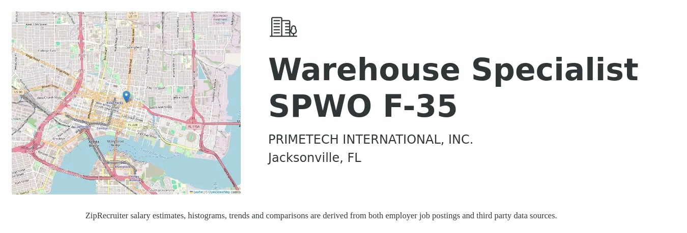 PrimeTech International, Inc. job posting for a Warehouse Specialist SPWO F-35 in Jacksonville, FL with a salary of $19 Hourly with a map of Jacksonville location.