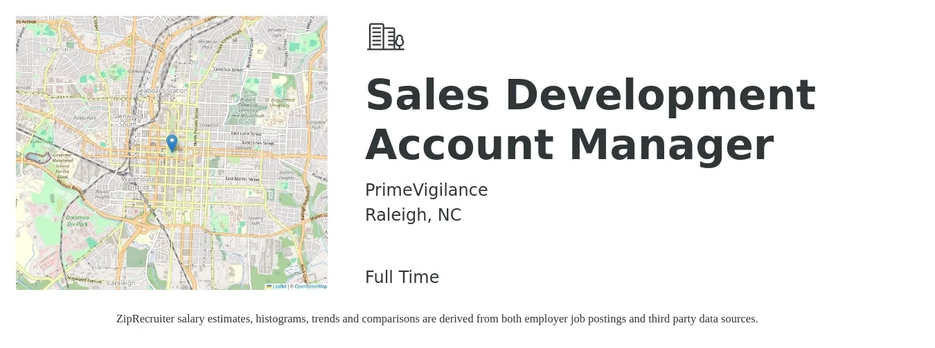 PrimeVigilance job posting for a Sales Development Account Manager in Raleigh, NC with a salary of $50,500 to $71,400 Yearly with a map of Raleigh location.