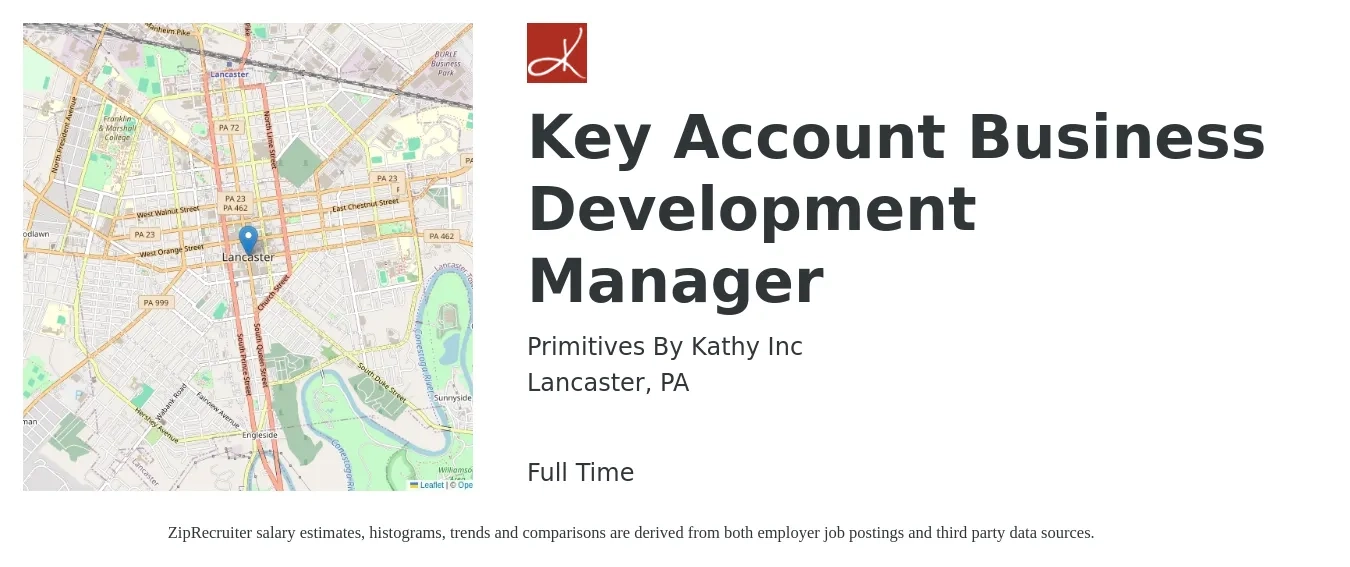 Primitives By Kathy Inc job posting for a Key Account Business Development Manager in Lancaster, PA with a salary of $70,900 to $107,900 Yearly with a map of Lancaster location.