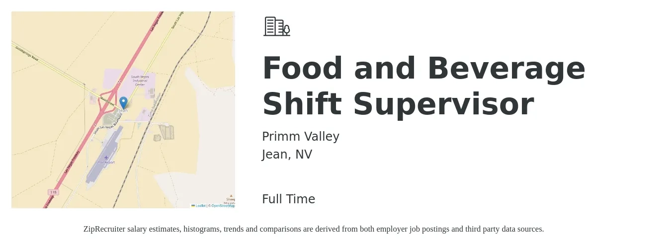 Primm Valley job posting for a Food and Beverage Shift Supervisor in Jean, NV with a salary of $39,600 to $64,100 Yearly with a map of Jean location.
