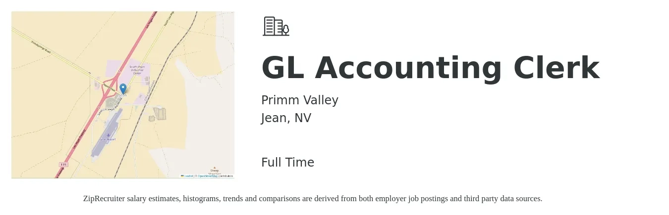 Primm Valley job posting for a GL Accounting Clerk in Jean, NV with a salary of $18 to $22 Hourly with a map of Jean location.