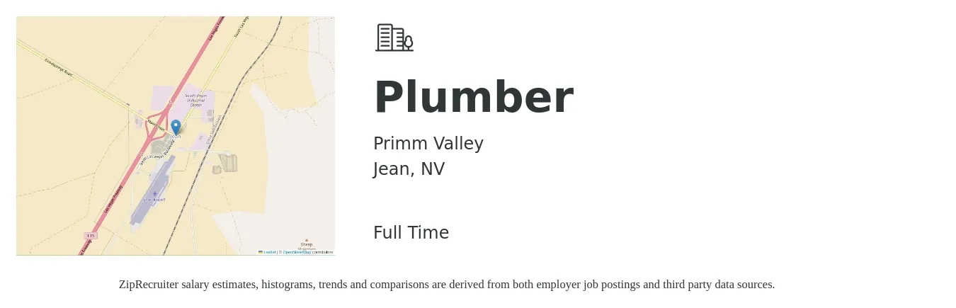 Primm Valley job posting for a Plumber in Jean, NV with a salary of $23 to $34 Hourly with a map of Jean location.