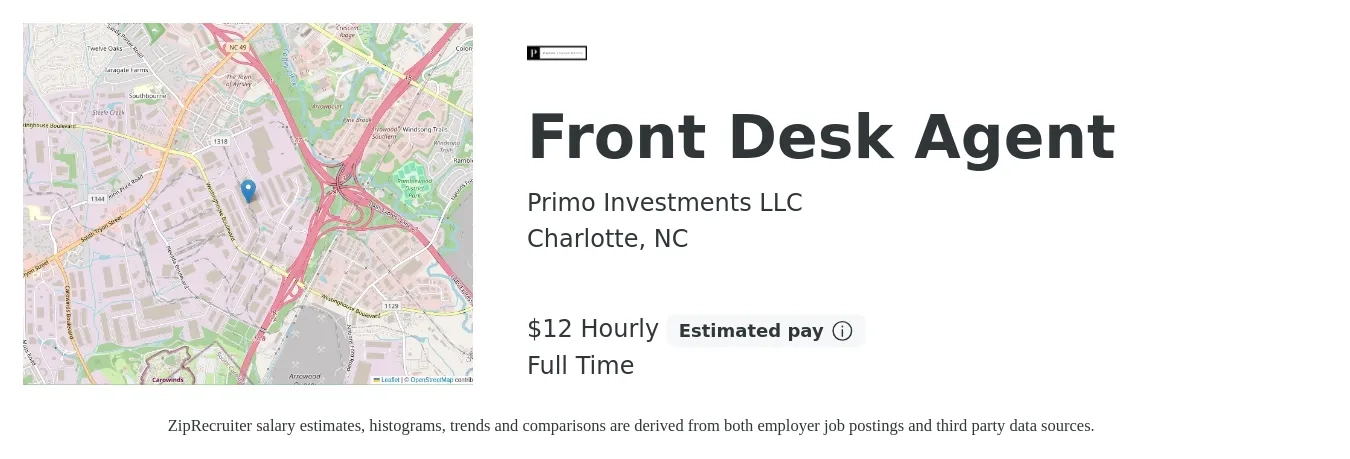 Primo Investments LLC job posting for a Front Desk Agent in Charlotte, NC with a salary of $14 Hourly with a map of Charlotte location.