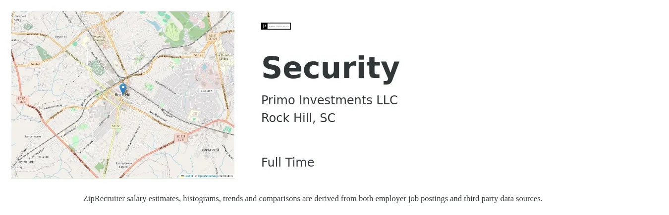 Primo Investments LLC job posting for a Security in Rock Hill, SC with a salary of $14 to $17 Hourly with a map of Rock Hill location.