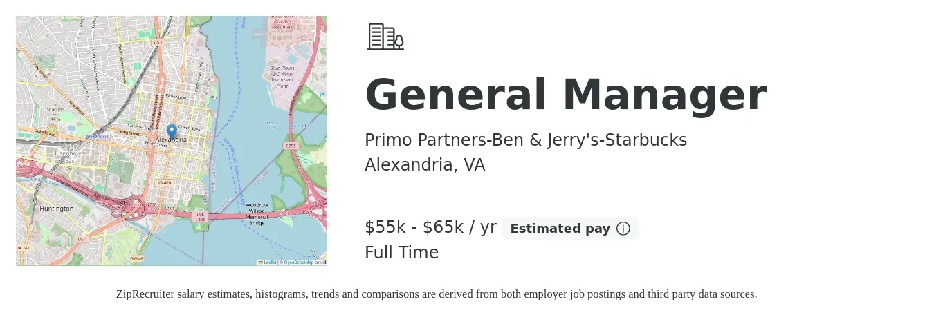 Primo Partners-Ben & Jerry's-Starbucks job posting for a General Manager in Alexandria, VA with a salary of $55,000 to $65,000 Yearly with a map of Alexandria location.