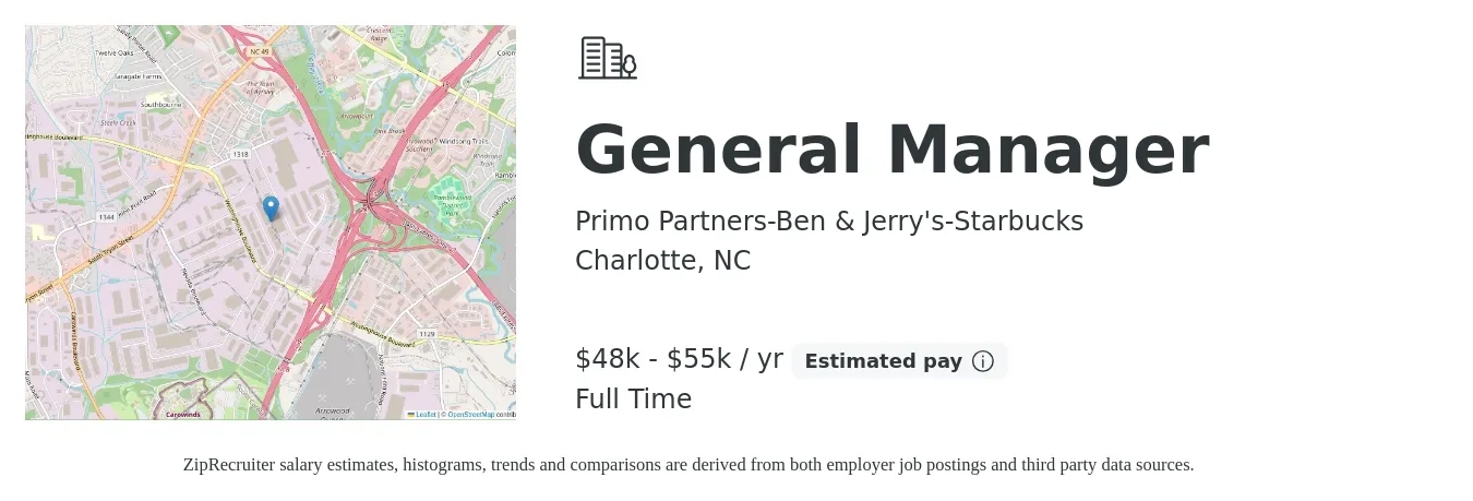 Primo Partners-Ben & Jerry's-Starbucks job posting for a General Manager in Charlotte, NC with a salary of $48,000 to $55,000 Yearly with a map of Charlotte location.