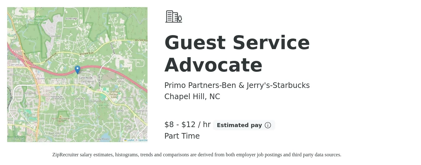 Primo Partners-Ben & Jerry's-Starbucks job posting for a Guest Service Advocate in Chapel Hill, NC with a salary of $9 to $13 Hourly with a map of Chapel Hill location.