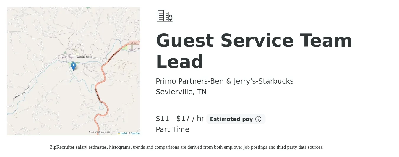 Primo Partners-Ben & Jerry's-Starbucks job posting for a Guest Service Team Lead in Sevierville, TN with a salary of $12 to $18 Hourly with a map of Sevierville location.