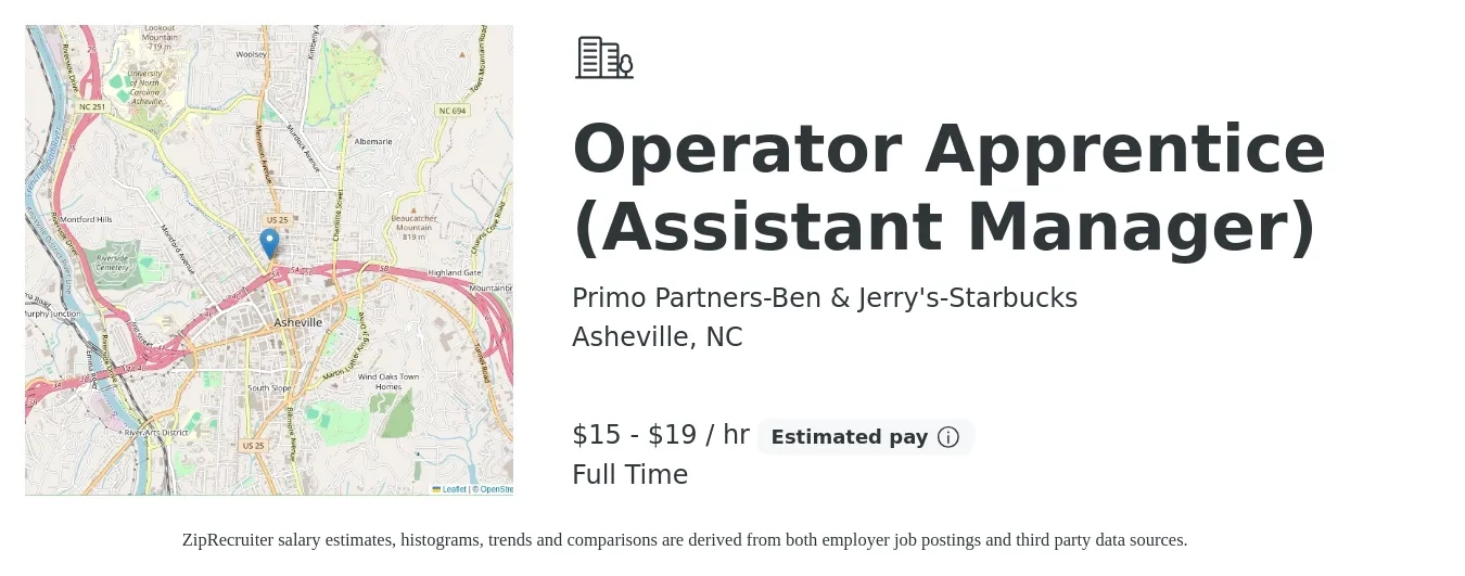 Primo Partners-Ben & Jerry's-Starbucks job posting for a Operator Apprentice (Assistant Manager) in Asheville, NC with a salary of $16 to $20 Hourly with a map of Asheville location.