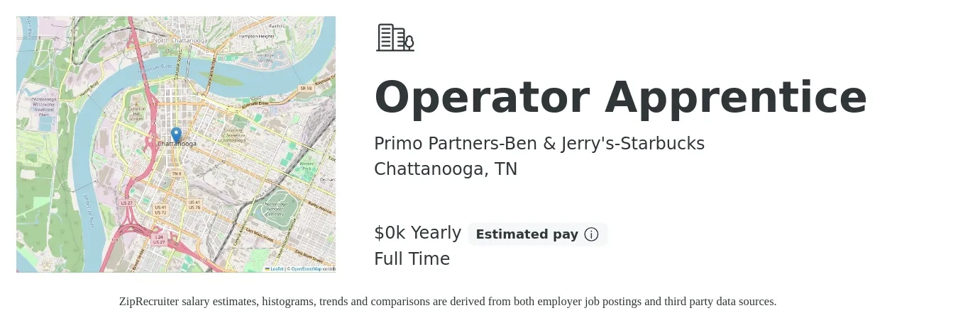 Primo Partners-Ben & Jerry's-Starbucks job posting for a Operator Apprentice in Chattanooga, TN with a salary of $17 to $22 Yearly with a map of Chattanooga location.