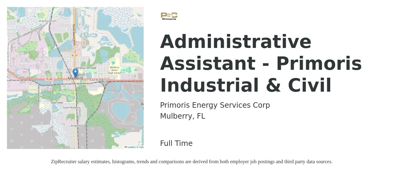 Primoris Energy Services Corp job posting for a Administrative Assistant - Primoris Industrial & Civil in Mulberry, FL with a salary of $16 to $21 Hourly with a map of Mulberry location.