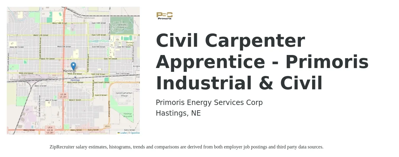 Primoris Energy Services Corp job posting for a Civil Carpenter Apprentice - Primoris Industrial & Civil in Hastings, NE with a salary of $18 to $24 Hourly with a map of Hastings location.