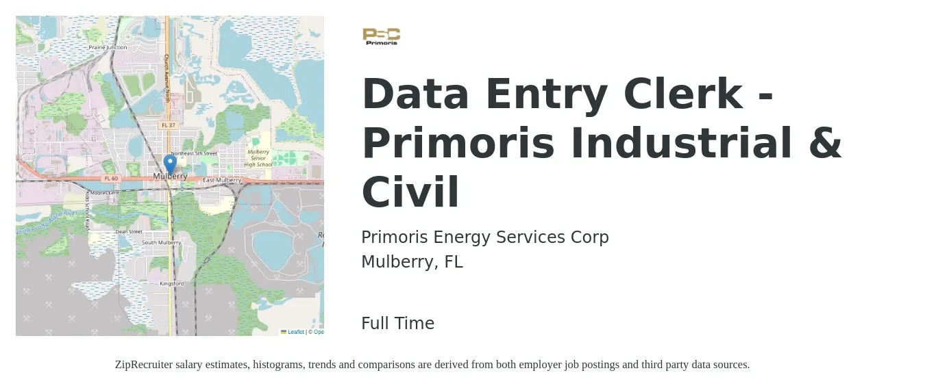 Primoris Energy Services Corp job posting for a Data Entry Clerk - Primoris Industrial & Civil in Mulberry, FL with a salary of $15 to $20 Hourly with a map of Mulberry location.