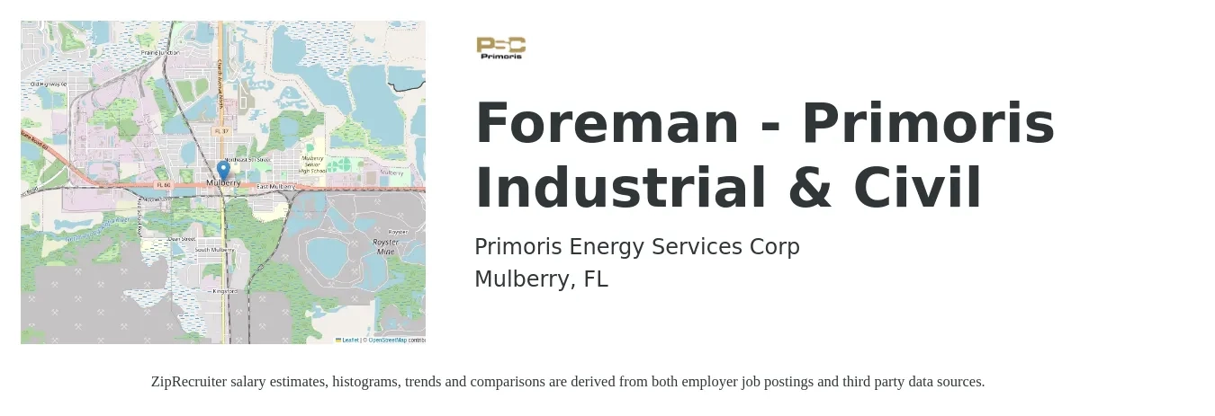 Primoris Energy Services Corp job posting for a Foreman - Primoris Industrial & Civil in Mulberry, FL with a salary of $26 to $38 Hourly with a map of Mulberry location.