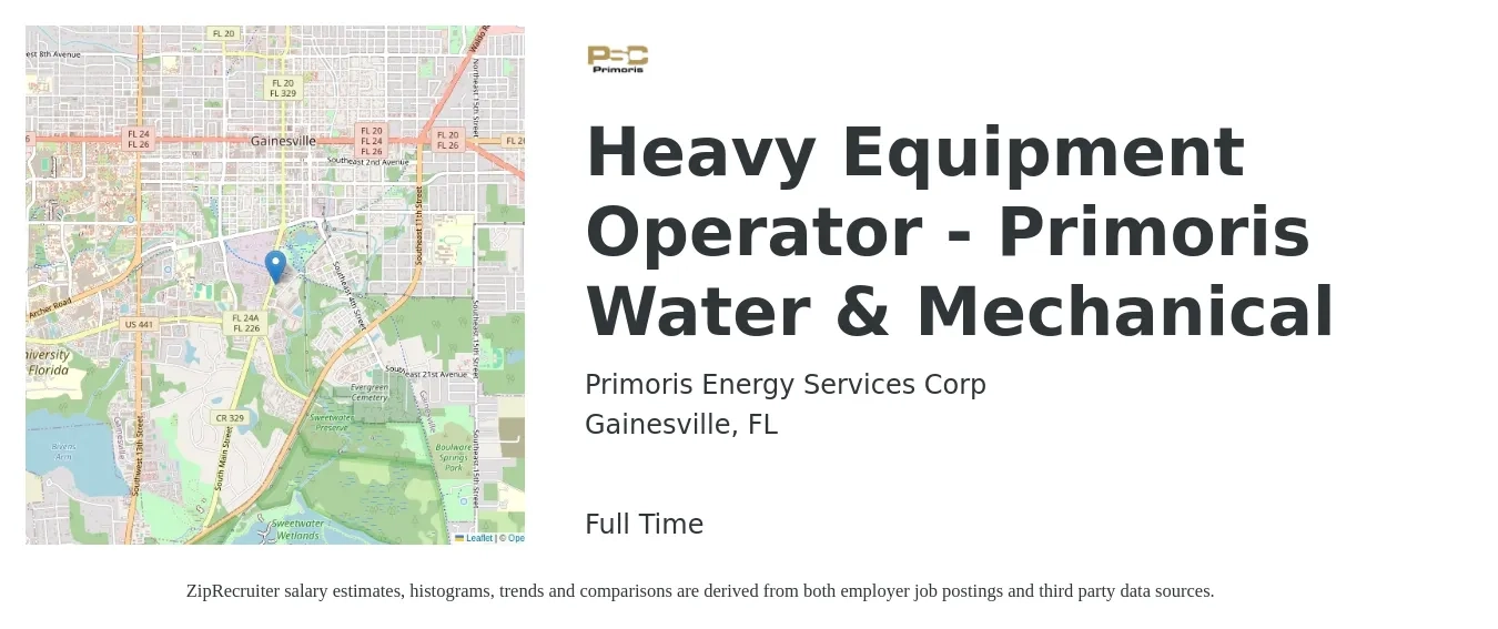 Primoris Energy Services Corp job posting for a Heavy Equipment Operator - Primoris Water & Mechanical in Gainesville, FL with a salary of $18 to $25 Hourly with a map of Gainesville location.