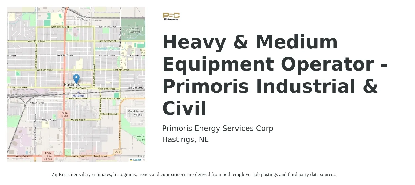 Primoris Energy Services Corp job posting for a Heavy & Medium Equipment Operator - Primoris Industrial & Civil in Hastings, NE with a salary of $20 to $27 Hourly with a map of Hastings location.