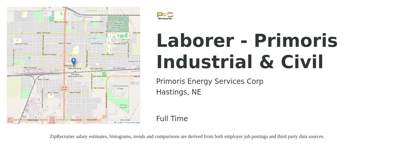 Primoris Energy Services Corp job posting for a Laborer - Primoris Industrial & Civil in Hastings, NE with a salary of $18 to $24 Hourly with a map of Hastings location.