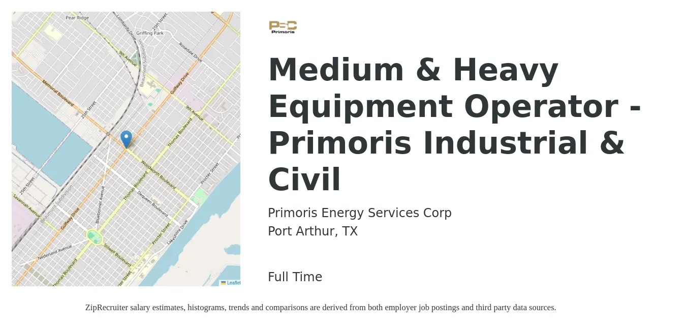 Primoris Energy Services Corp job posting for a Medium & Heavy Equipment Operator - Primoris Industrial & Civil in Port Arthur, TX with a salary of $17 to $24 Hourly with a map of Port Arthur location.