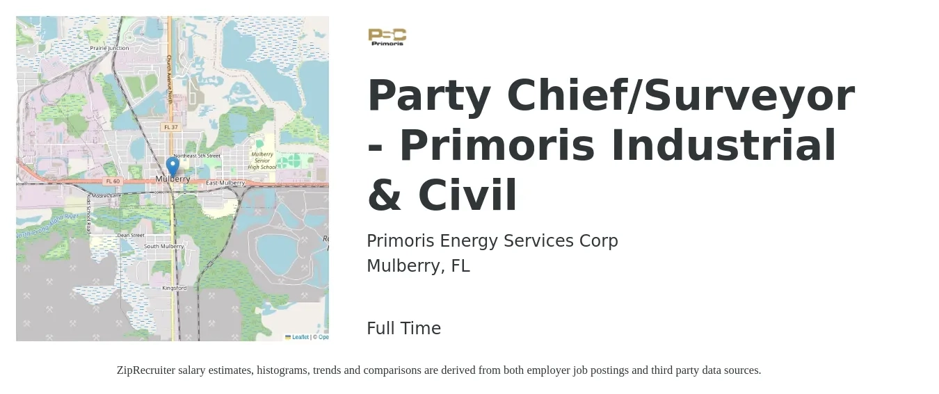 Primoris Energy Services Corp job posting for a Party Chief/Surveyor - Primoris Industrial & Civil in Mulberry, FL with a salary of $22 to $32 Hourly with a map of Mulberry location.