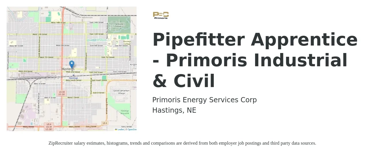 Primoris Energy Services Corp job posting for a Pipefitter Apprentice - Primoris Industrial & Civil in Hastings, NE with a salary of $110 Daily with a map of Hastings location.