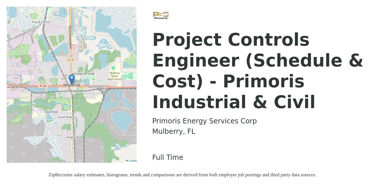 Primoris Energy Services Corp job posting for a Project Controls Engineer (Schedule & Cost) - Primoris Industrial & Civil in Mulberry, FL with a salary of $75,300 to $111,700 Yearly with a map of Mulberry location.