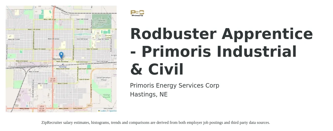 Primoris Energy Services Corp job posting for a Rodbuster Apprentice - Primoris Industrial & Civil in Hastings, NE with a salary of $16 to $22 Hourly with a map of Hastings location.