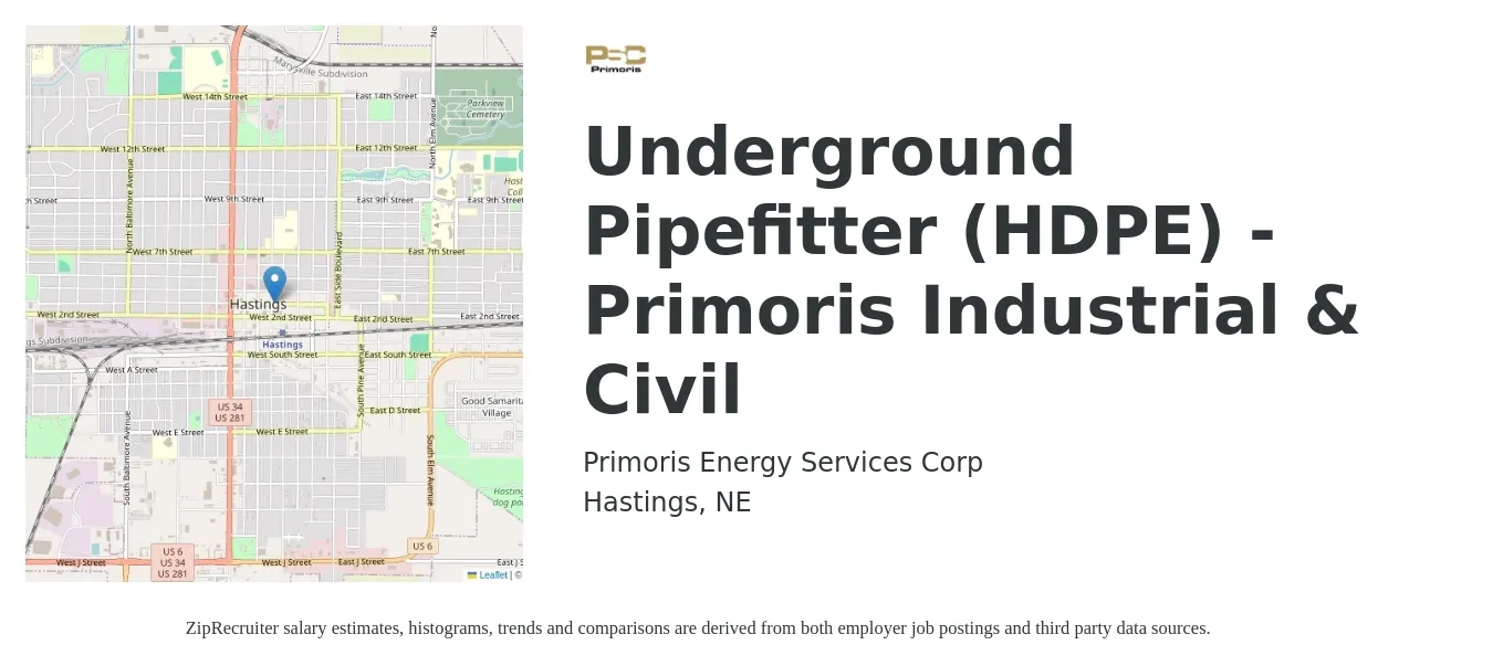Primoris Energy Services Corp job posting for a Underground Pipefitter (HDPE) - Primoris Industrial & Civil in Hastings, NE with a salary of $25 to $32 Hourly with a map of Hastings location.