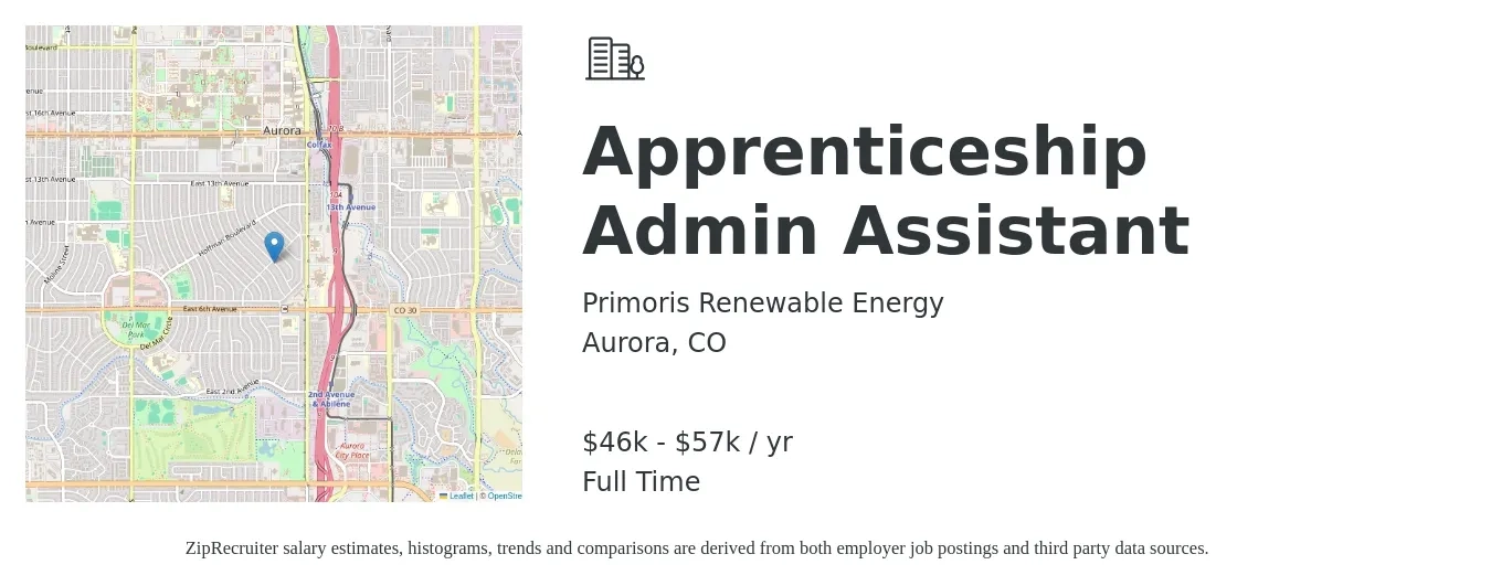 Primoris Renewable Energy job posting for a Apprenticeship Admin Assistant in Aurora, CO with a salary of $46,000 to $57,000 Yearly with a map of Aurora location.