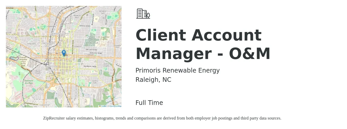 Primoris Renewable Energy job posting for a Client Account Manager - O&M in Raleigh, NC with a salary of $46,700 to $76,300 Yearly with a map of Raleigh location.