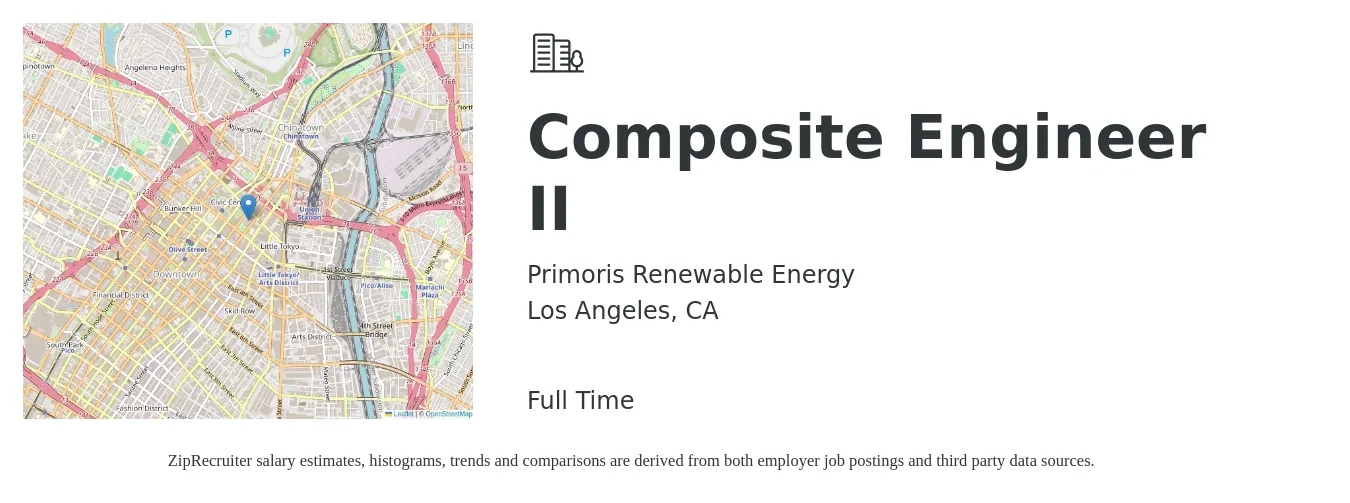 Primoris Renewable Energy job posting for a Composite Engineer II in Los Angeles, CA with a salary of $97,000 to $128,200 Yearly with a map of Los Angeles location.