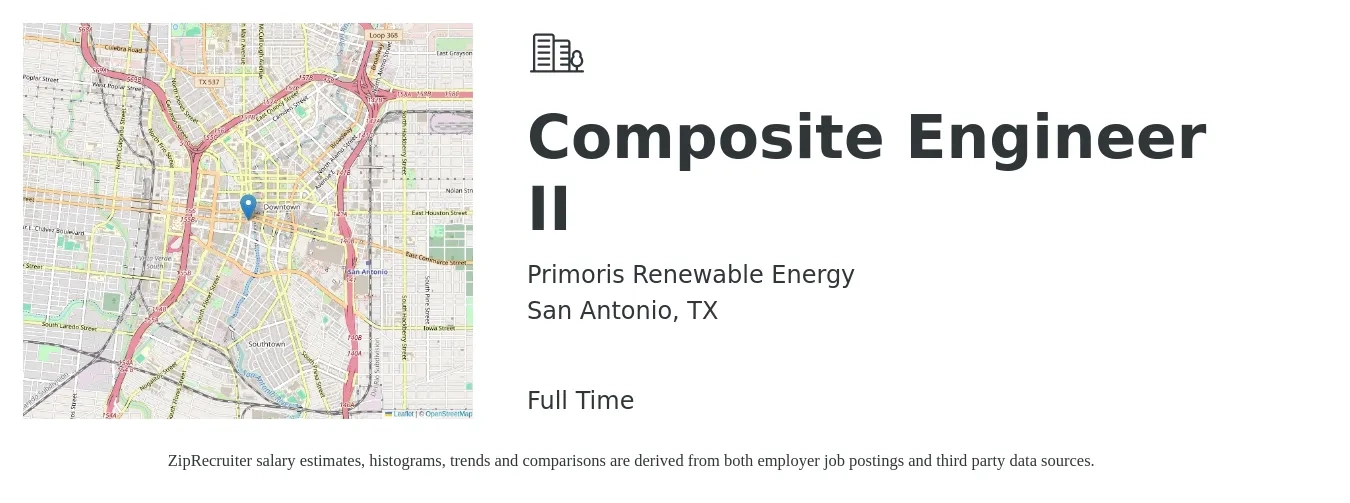 Primoris Renewable Energy job posting for a Composite Engineer II in San Antonio, TX with a salary of $81,200 to $107,300 Yearly with a map of San Antonio location.