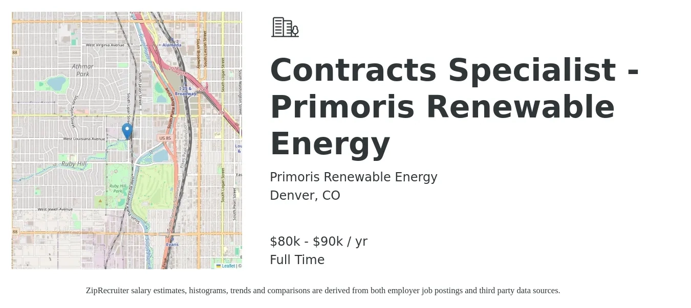Primoris Renewable Energy job posting for a Contracts Specialist - Primoris Renewable Energy in Denver, CO with a salary of $80,000 to $90,000 Yearly with a map of Denver location.