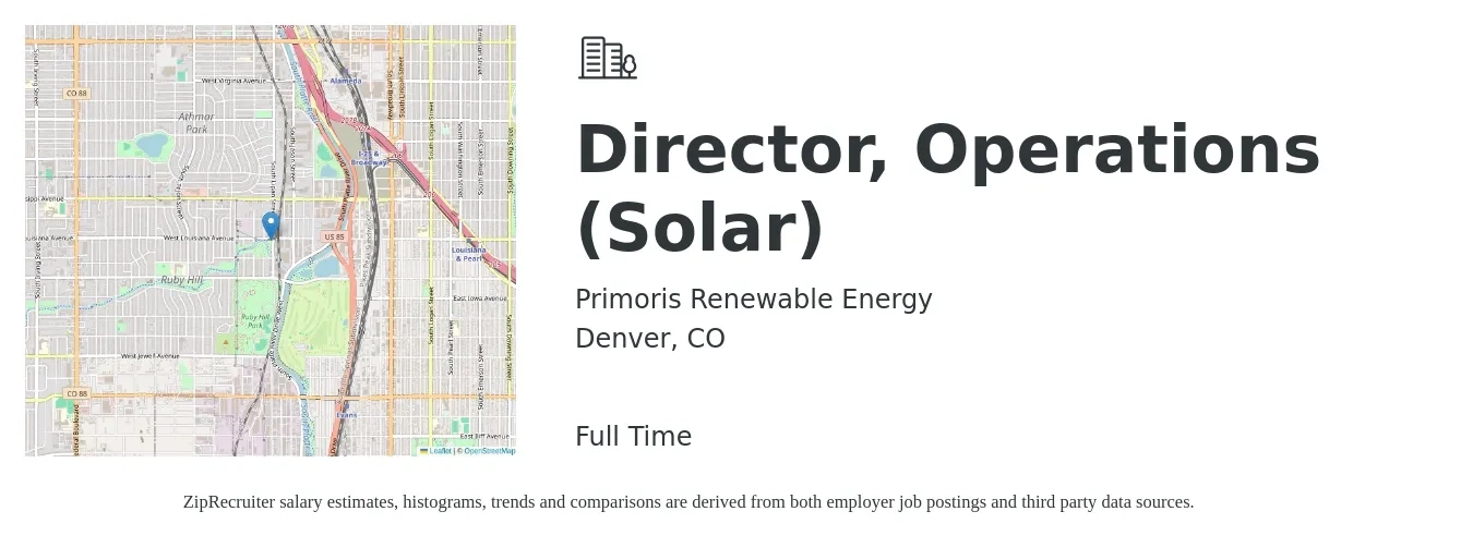 Primoris Renewable Energy job posting for a Director, Operations (Solar) in Denver, CO with a salary of $77,700 to $139,500 Yearly with a map of Denver location.