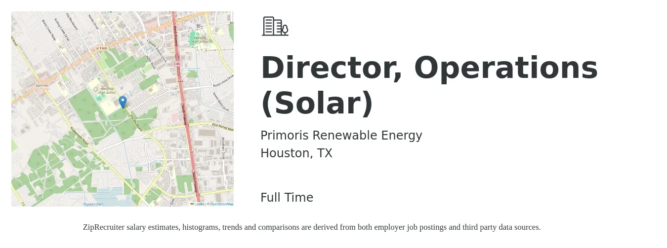 Primoris Renewable Energy job posting for a Director, Operations (Solar) in Houston, TX with a salary of $72,100 to $129,400 Yearly with a map of Houston location.
