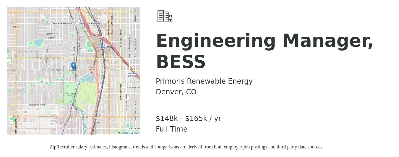 Primoris Renewable Energy job posting for a Engineering Manager, BESS in Denver, CO with a salary of $148,000 to $165,000 Yearly with a map of Denver location.
