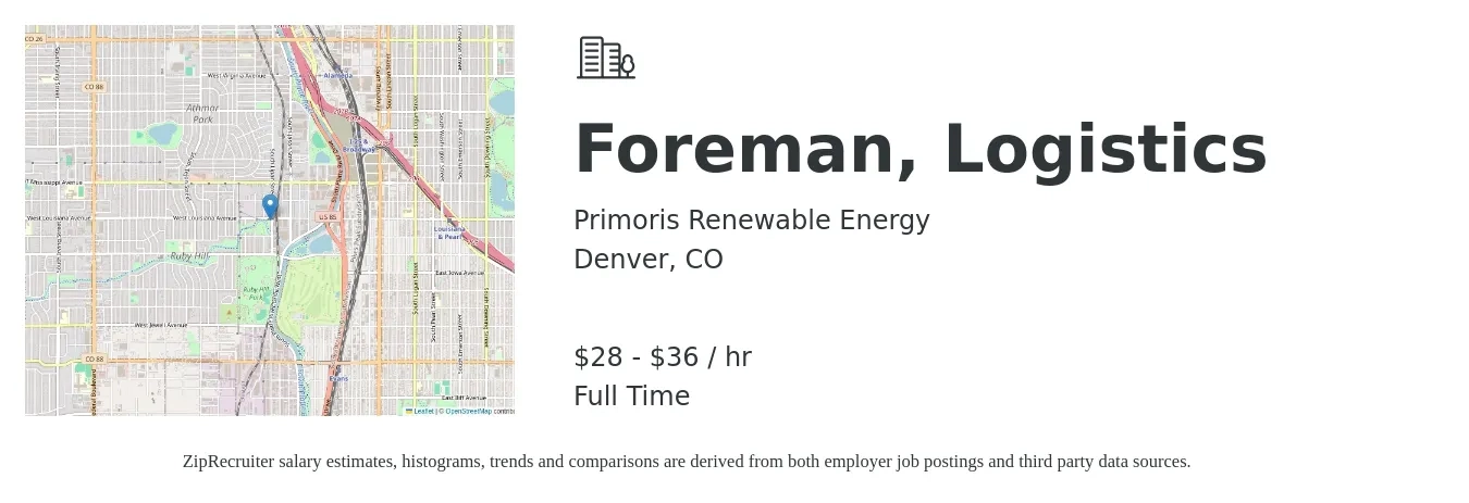 Primoris Renewable Energy job posting for a Foreman, Logistics in Denver, CO with a salary of $30 to $38 Hourly with a map of Denver location.
